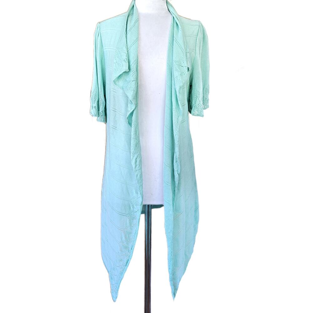 Misook Short Sleeve Drape Knit Pointelle Cardigan Medium Mint Green Aqua Long